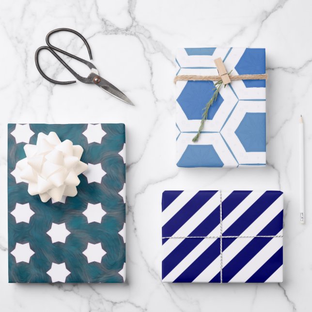 Modern Blue White Geometric Wrapping Paper Sheet (Front)