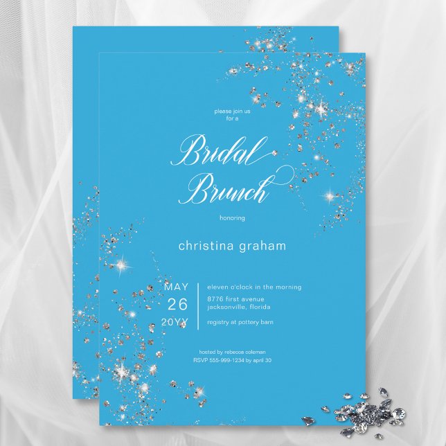 Modern Blue & White Glam Diamonds Bridal Brunch Invitation (Modern Blue & White Glam Diamonds Bridal Brunch Invitation)