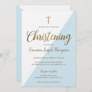 Modern Blue White Gold Christening baby Boy Invitation