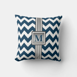 Modern Blue White Grey Monogrammed Chevron Cushion