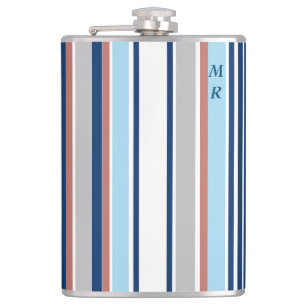 Modern Blue White Grey Red Stripes Monogram Hip Flask