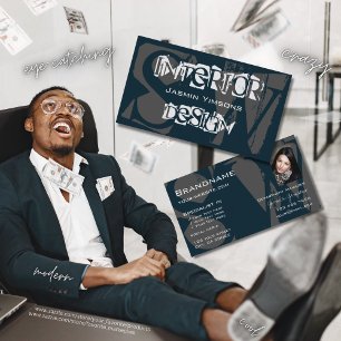 Modern Blue White Grey with Photo and Monogram Business Card