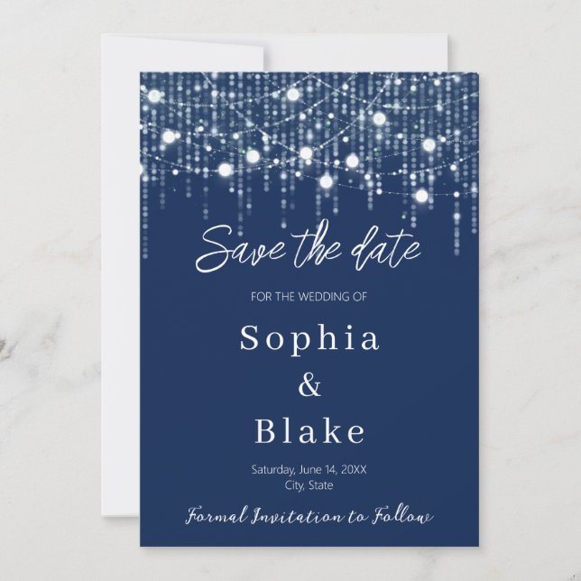 Modern Blue & White Hanging Lights Save the Date  Invitation (Front)