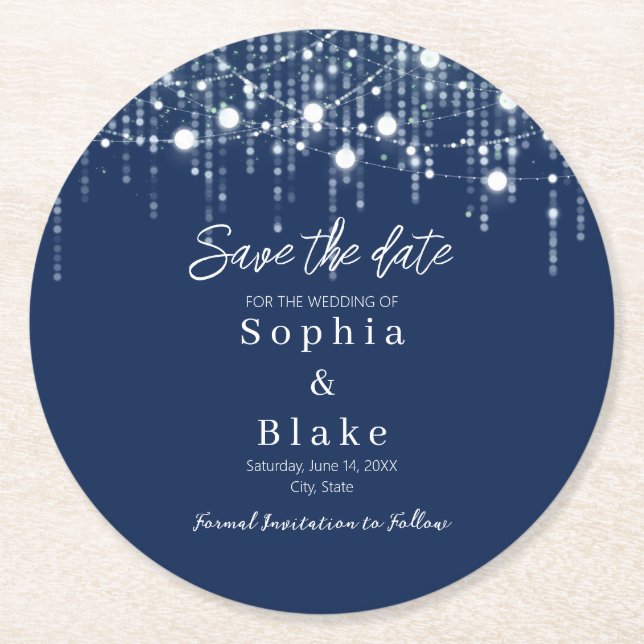 Modern Blue & White Hanging Lights Save the Date Round Paper Coaster (Front)