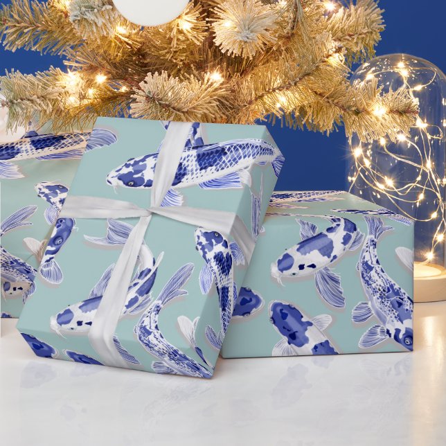 Modern blue white koi fish  wrapping paper (Holidays)