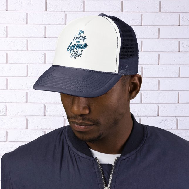 Modern Blue White Living the Grace Life Baseball Trucker Hat (Creator Uploaded)