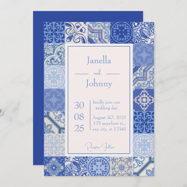 Modern Blue & White Mediterranean Tiles Wedding  Invitation (Front/Back)