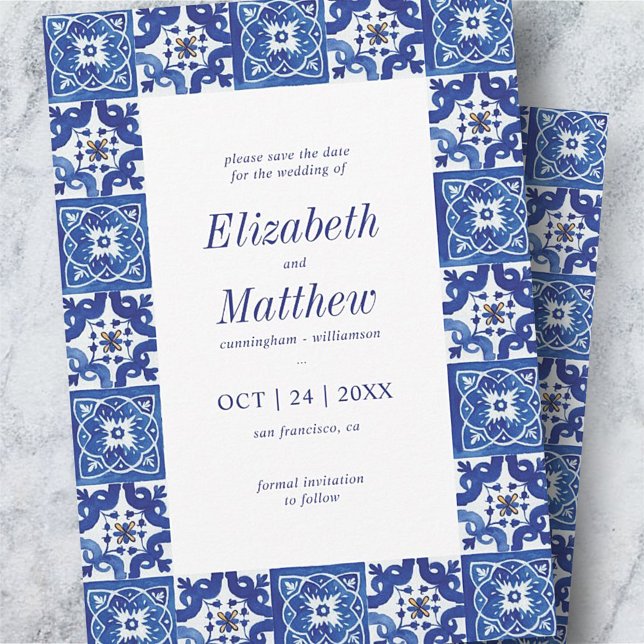 Modern Blue & White Mediterranean Tiles Wedding Save The Date (Creator Uploaded)
