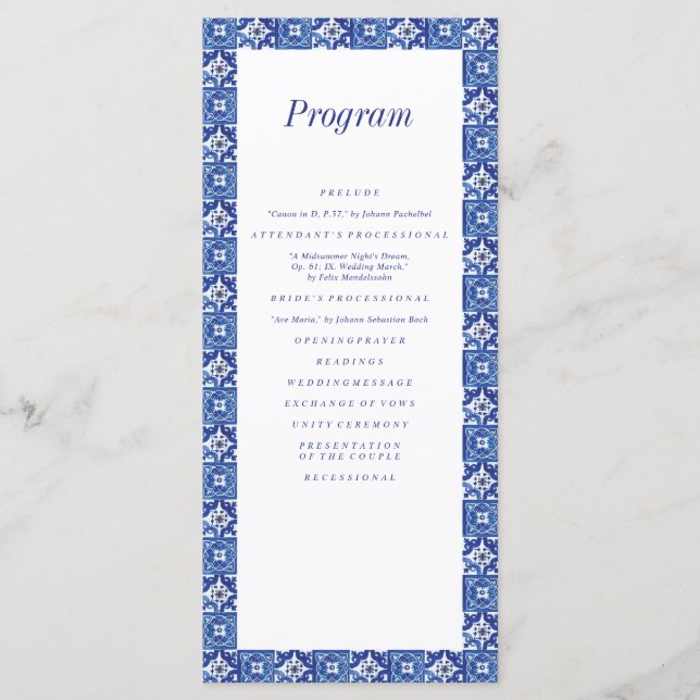 Modern Blue White Mediterranean Wedding Programme (Front)