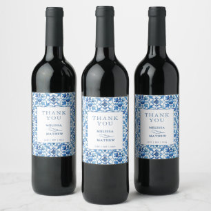 Modern Blue & White Mediterranean Wedding  Wine Label