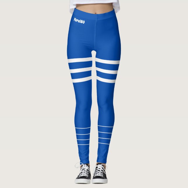 Modern blue white monogrammed workout leggings (Front)