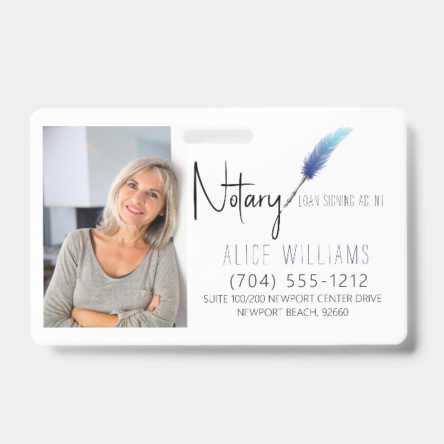 Modern Blue & White Notary Photo Business ID Badge (Front)