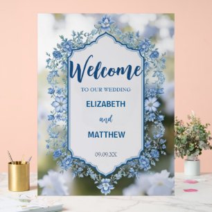 Modern  Blue & White Overlay Flowers wedding Acrylic Sign