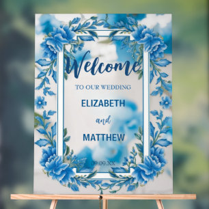 Modern Blue & White Overlay Flowers wedding Acrylic Sign
