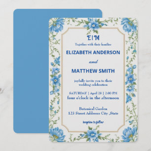 Modern  Blue & White Overlay Flowers wedding Invitation