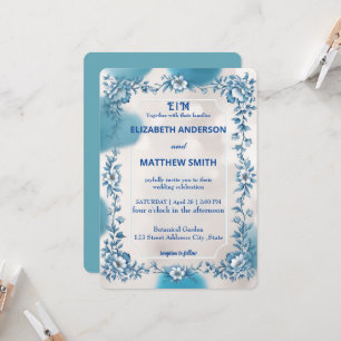 Modern  Blue & White Overlay Flowers wedding Invitation