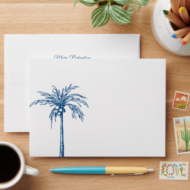 Modern Blue White Palm Tree Beach Wedding Envelope (Desk)