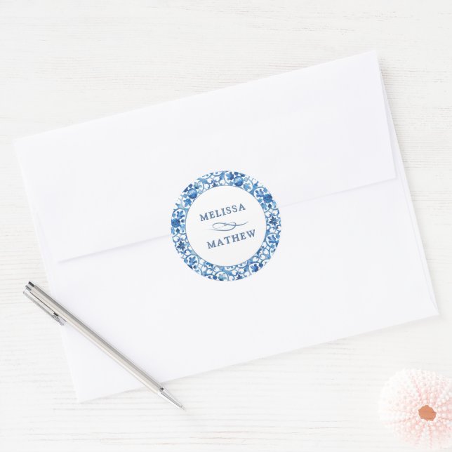 Modern Blue & White Pattern Bride & Groom Wedding Classic Round Sticker (Envelope)