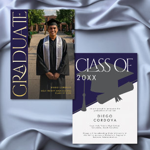 Modern Blue White Photo Foil Grad Announcement