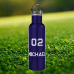 Modern Blue White Player Name Jersey Number Sports 710 Ml Water Bottle<br><div class="desc">Create your own custom, personalised, cool, chic, stylish, lightweight, durable, crack proof, spill proof, modern sporty white typography script, classy stainless steel blue water bottle. Simply type in your name / kids name / player name and player jersey number, to customise. Makes a great gift for wedding, birthday, graduation, fathers...</div>