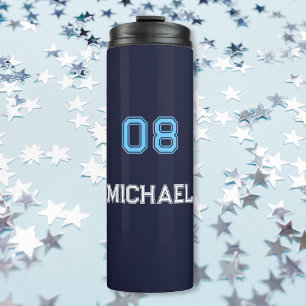 Modern Blue White Player Name Jersey Number Sports Thermal Tumbler