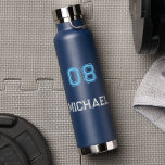 Modern Blue White Player Name Jersey Number Sports Water Bottle<br><div class="desc">Create your own custom, personalised, cool, chic, modern, stylish blue and white typography / font / script, classy navy blue, spill-proof, stainless steel, condensation-resistant exterior, monogrammed player name jersey number durable double-wall Thor Copper Vacuum Insulated Bottle that keeps beverages hot for 12 hours or cold for 48 hours. Simply type...</div>