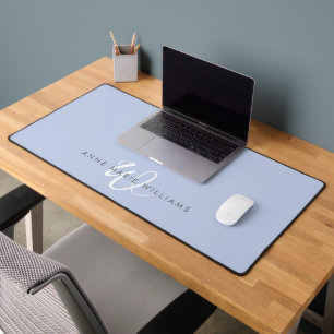 Modern Blue White Script Monogram Desk Mat