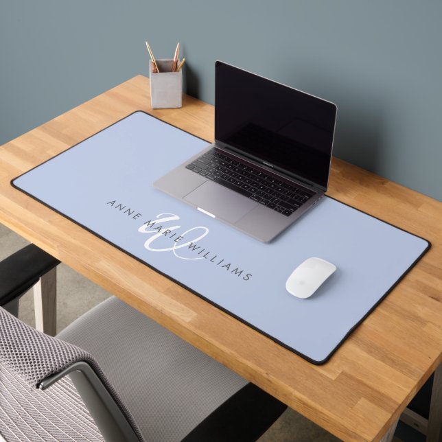 Modern Blue White Script Monogram Desk Mat (Office 2)