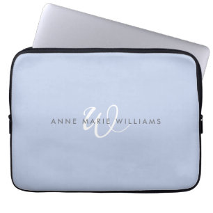Modern Blue White Script Monogram Laptop Sleeve