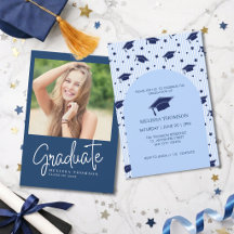 Modern Blue White Script Photo Graduation Party  
