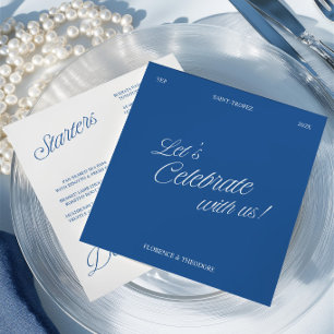 Modern Blue & White Script Wedding Menu Card