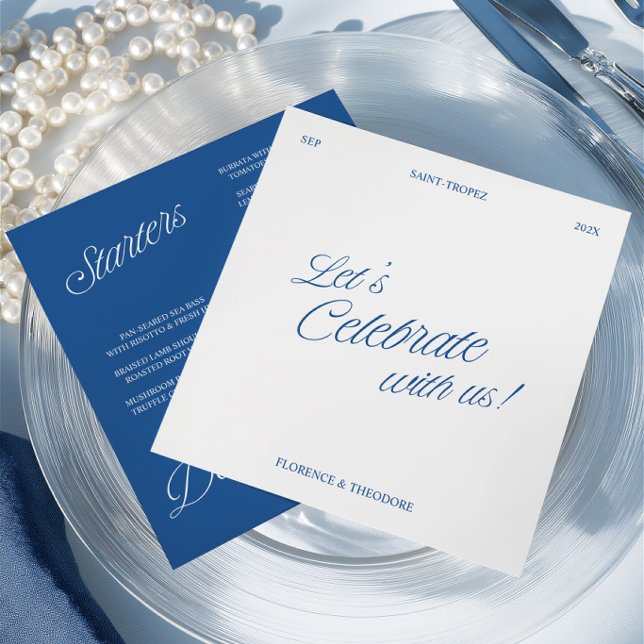Modern Blue & White Script Wedding Menu Card (Modern Blue & White Script Wedding Menu Card)