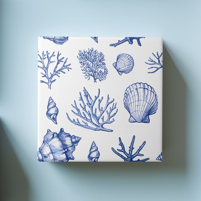 Modern Blue White Seashell Coral Ocean Pattern Tile (Modern Blue White Seashell Coral Ocean Pattern Ceramic Tile)