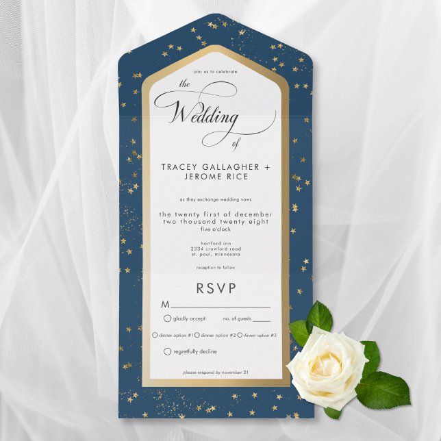 Modern Blue & White Starry Gold Dinner All In One Invitation (Modern Blue & White Starry Gold All In One Wedding Invitation with Dinner Options)