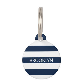 Modern blue white stripes custom name info cute pet tag