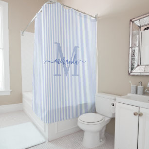 Modern Blue & White Stripes Monogram Name Shower Curtain