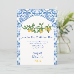 Modern Blue & White Tiles Lemon Wedding Invitation
