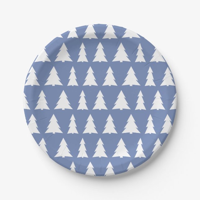 Modern Blue White Tree Pattern Holiday Party Paper Plate (Front)