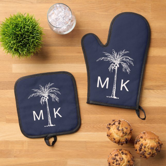 Modern Blue White Tropical Palm Tree Monogram Oven Mitt & Pot Holder Set (Top Down)