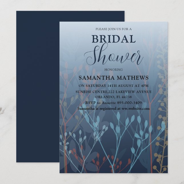 Modern Blue Wild Grass Bridal Shower Invitation (Front/Back)