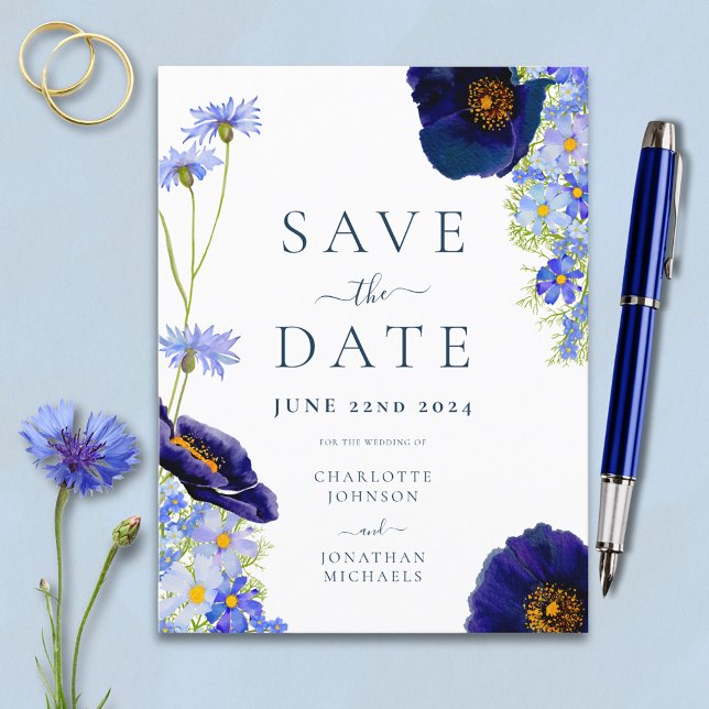 Modern Blue Wildflower Watercolor Wedding Invitation Postcard (Modern blue floral save the date wedding budget invitation postcard with watercolor wildflowers )