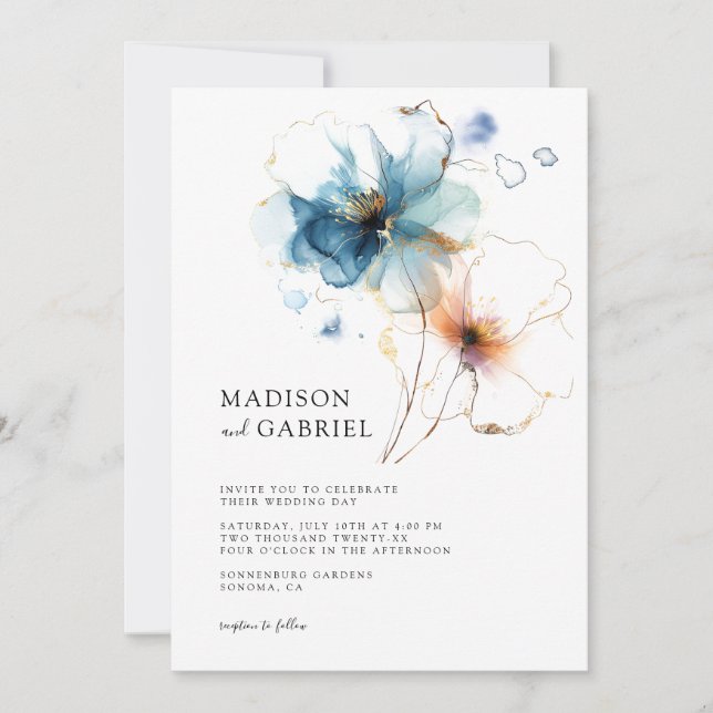 Modern Blue Wildflower Wedding Invitation (Front)