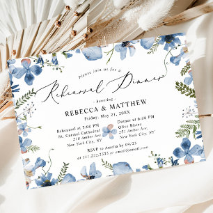 Modern Blue Wildflowers Wedding Rehearsal Dinner Invitation