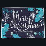 Modern Blue Winter Botanical Custom Christmas Large Gift Bag<br><div class="desc">Modern blue winter botanical art with snowflakes and Merry Christmas greeting,  personalise with gift givers names.</div>