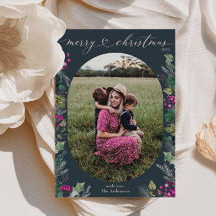 Modern Blue Winter Botanicals 1 Photo Christmas Holiday Card