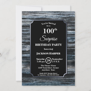 Modern Blue Wood Surprise 100th Birthday Party Invitation