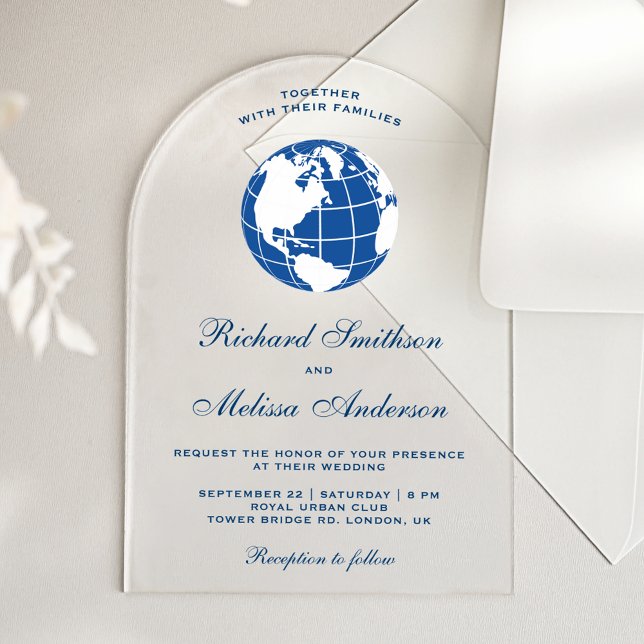 Modern Blue World Map Globe Wedding Acrylic Invitations (Creator Uploaded)