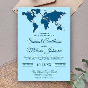 Modern Blue World Map Wedding Invitation