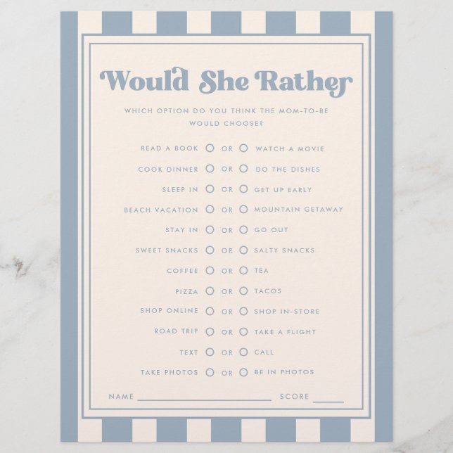 Modern Blue "Would She Rather" Baby Shower Game (Front)