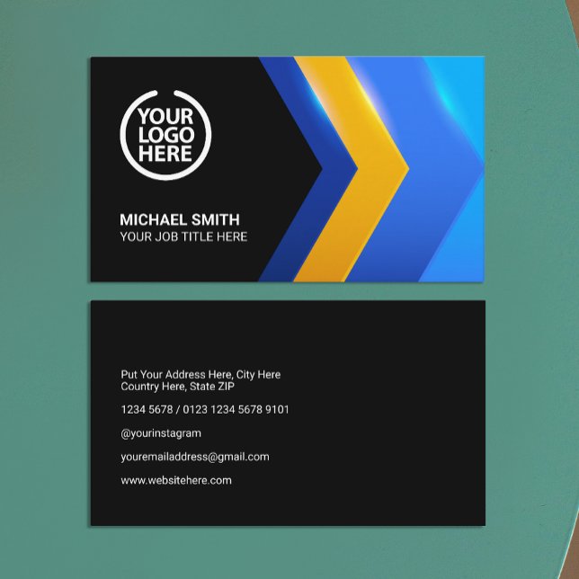 Modern Blue Yellow Geometric Shape Professional Business Card (Creator Uploaded)